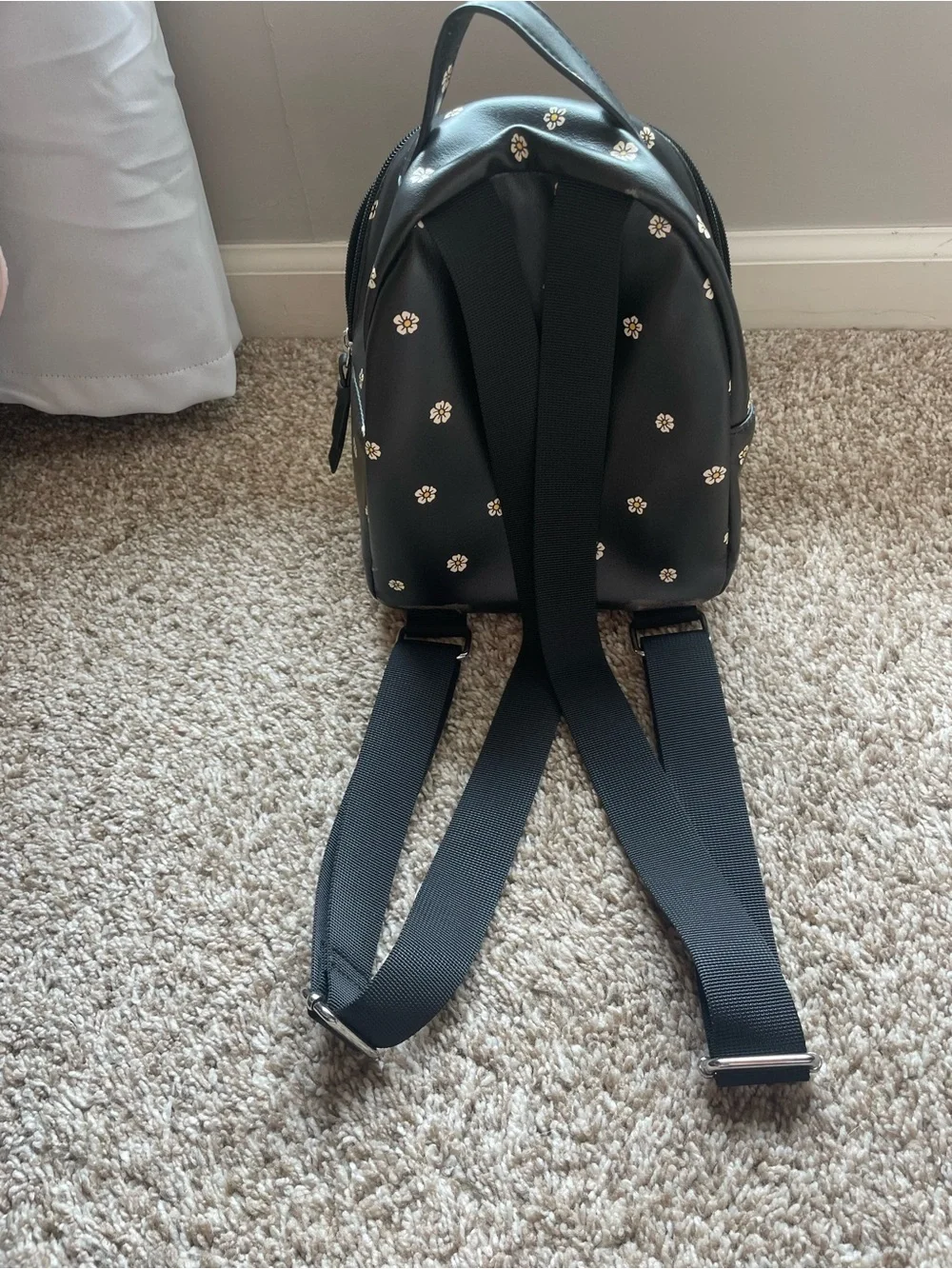 Black Mini Backpack with White Daisy Print